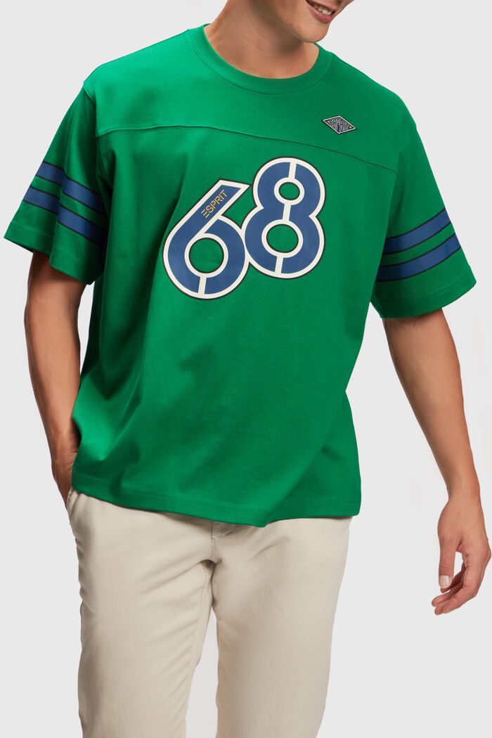 T-Shirt mit Grafik-Print und gestreiften Ärmeln, EMERALD GREEN, detail image number 0