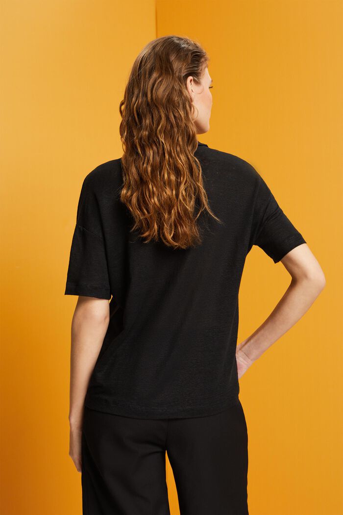 T-Shirt mit Polokragen, 100 % Leinen, BLACK, detail image number 3