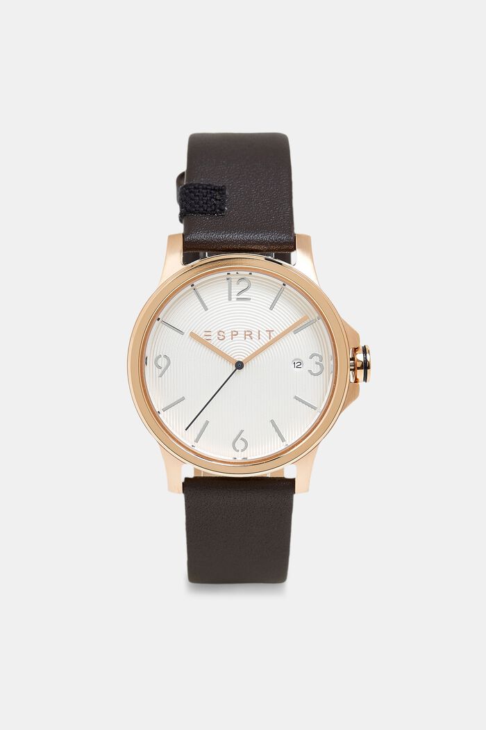 Edelstahl-Uhr mit Leder-Armband, BROWN, overview