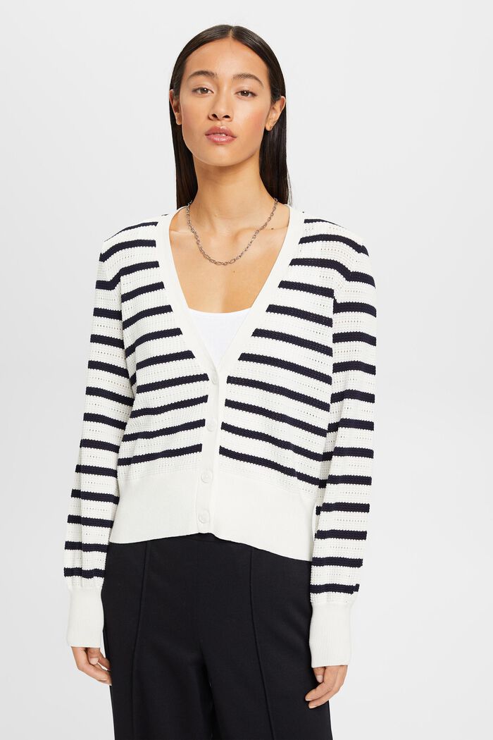 Gestreifter Pointelle-Cardigan, OFF WHITE, detail image number 0