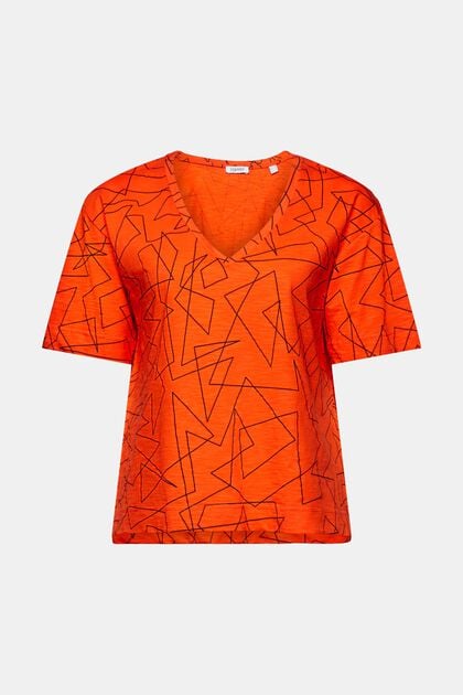 Baumwoll-T-Shirt mit V-Ausschnitt und Print