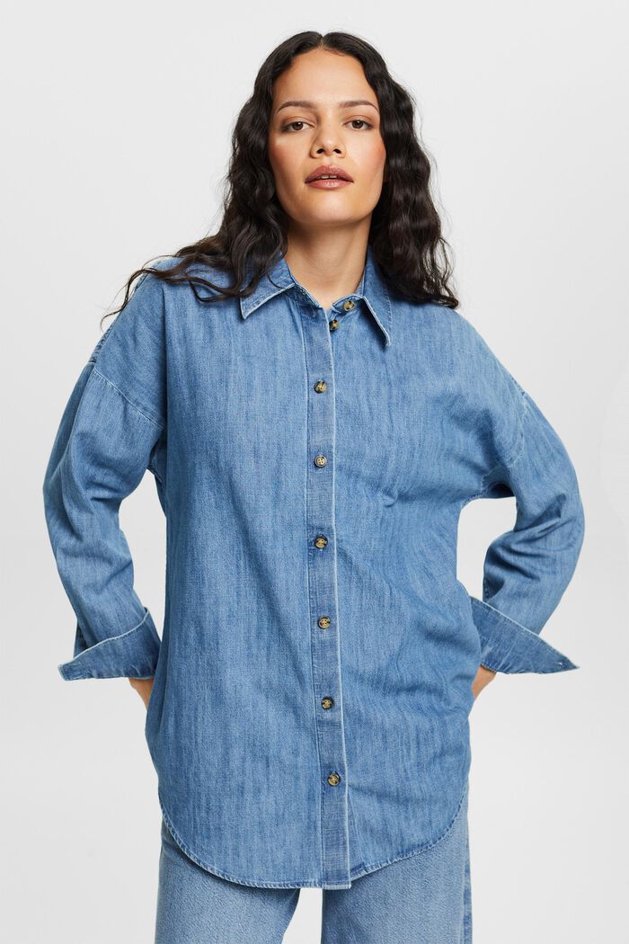 Oversized Jeans-Hemdbluse, 100 % Baumwolle, BLUE MEDIUM WASHED, detail image number 4