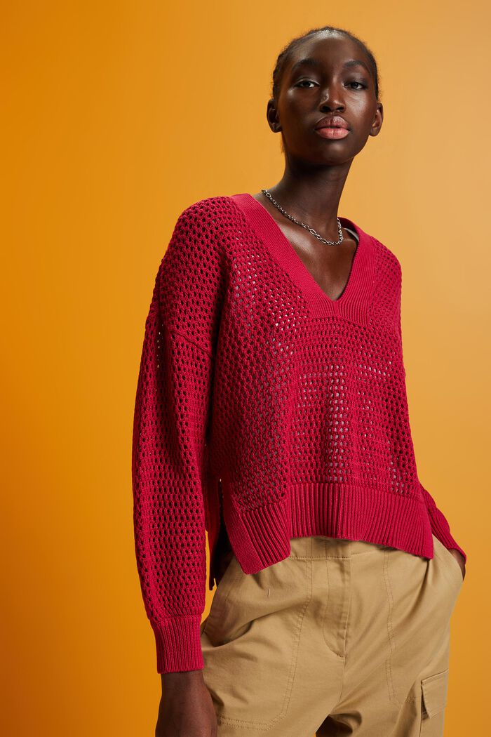 V-Ausschnitt-Pullover aus nachhaltiger Baumwollle, DARK RED, detail image number 0