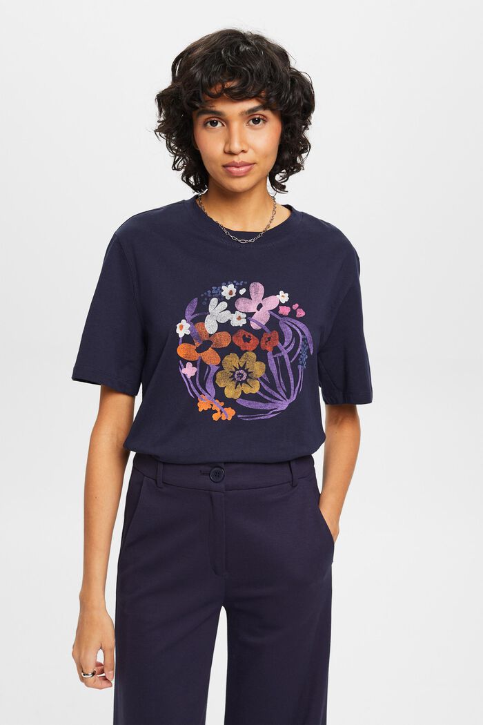T-Shirt mit Blumen-Print, NAVY, detail image number 0