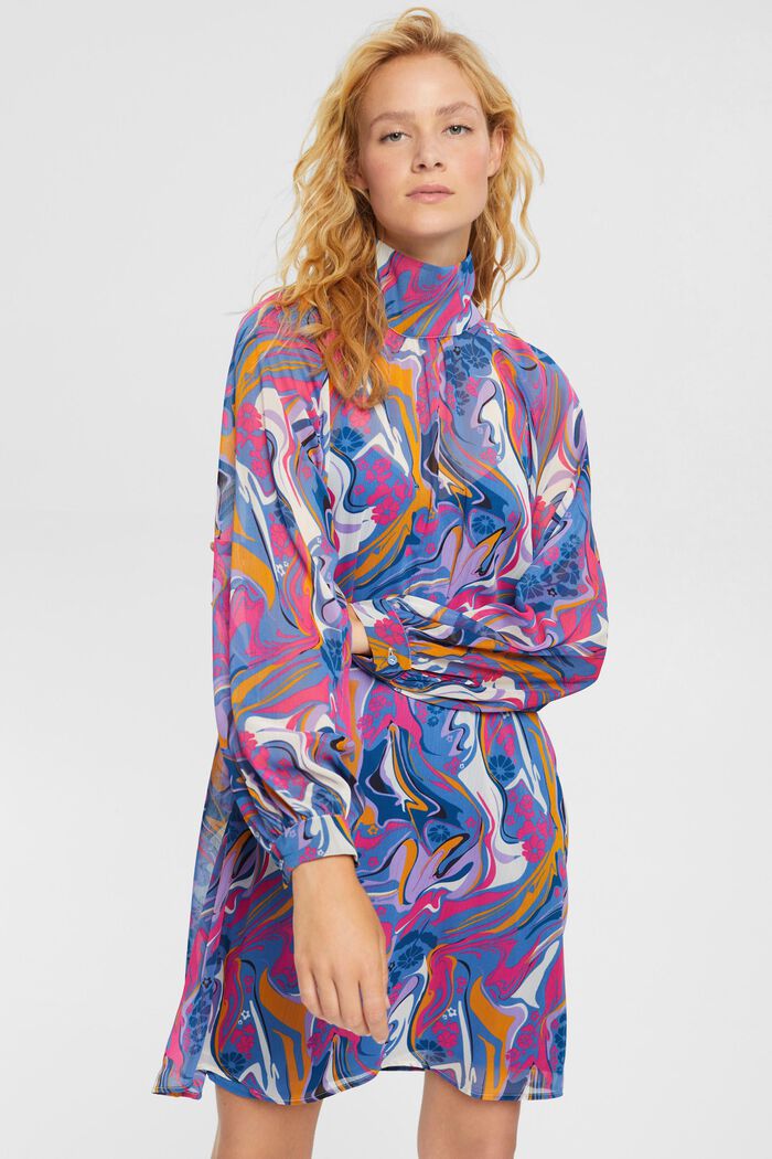 Chiffon-Kleid mit Muster, BLUE, detail image number 0