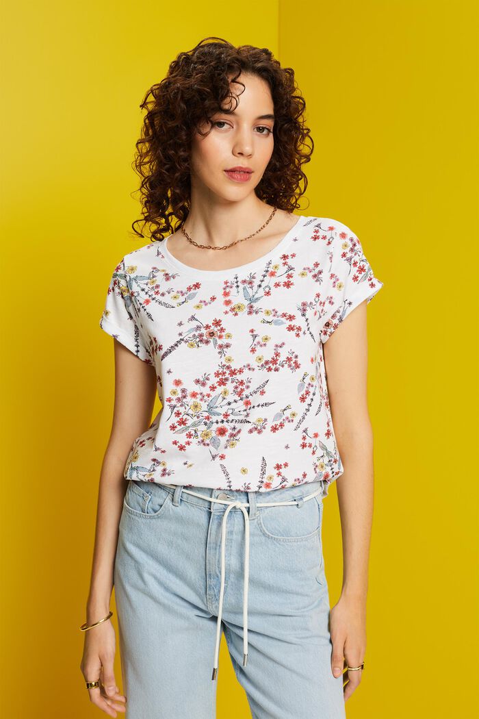 Baumwoll-T-Shirt mit floralem Print, WHITE, detail image number 0