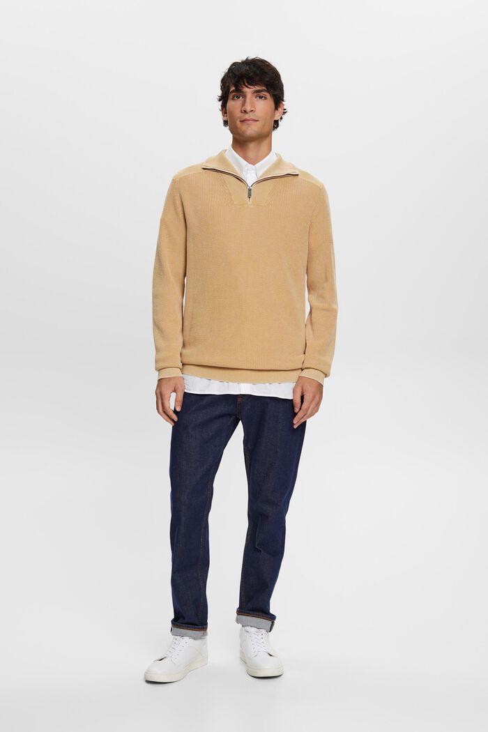 Pullover mit halbem Zipper, 100 % Baumwolle, BEIGE, detail image number 1