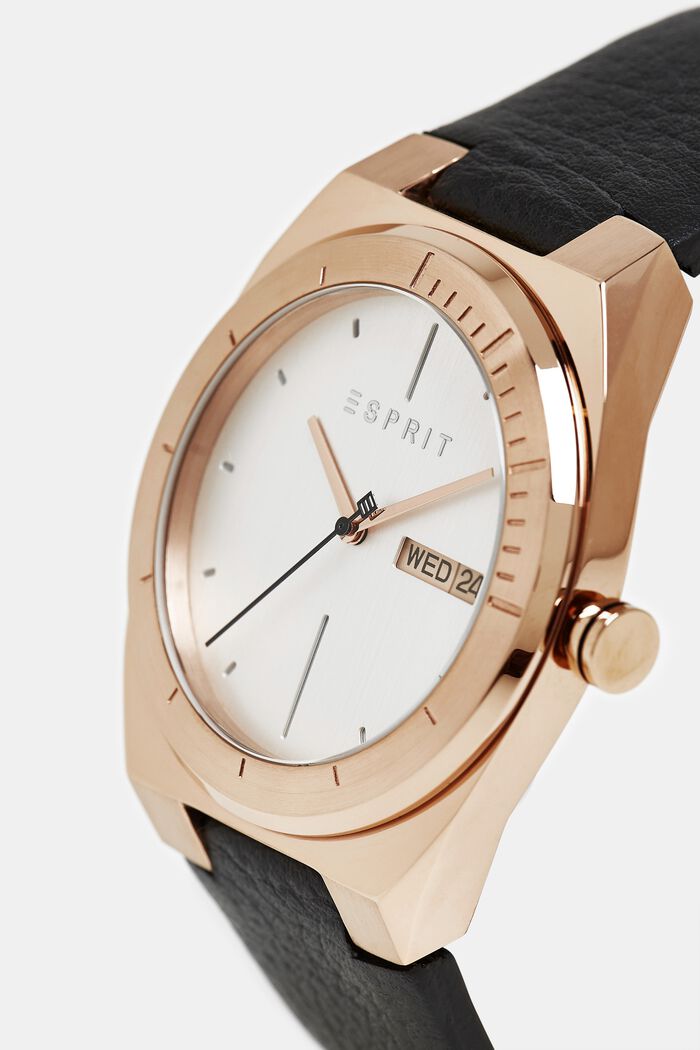 Edelstahl-Uhr mit Leder-Armband, BLACK, detail image number 1
