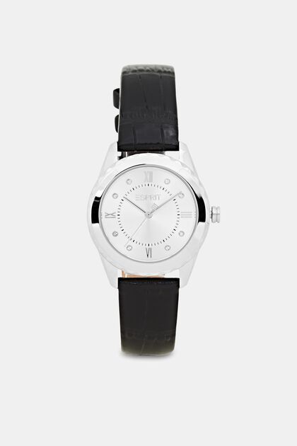 Edelstahl-Uhr mit strukturiertem Lederarmband, BLACK, overview