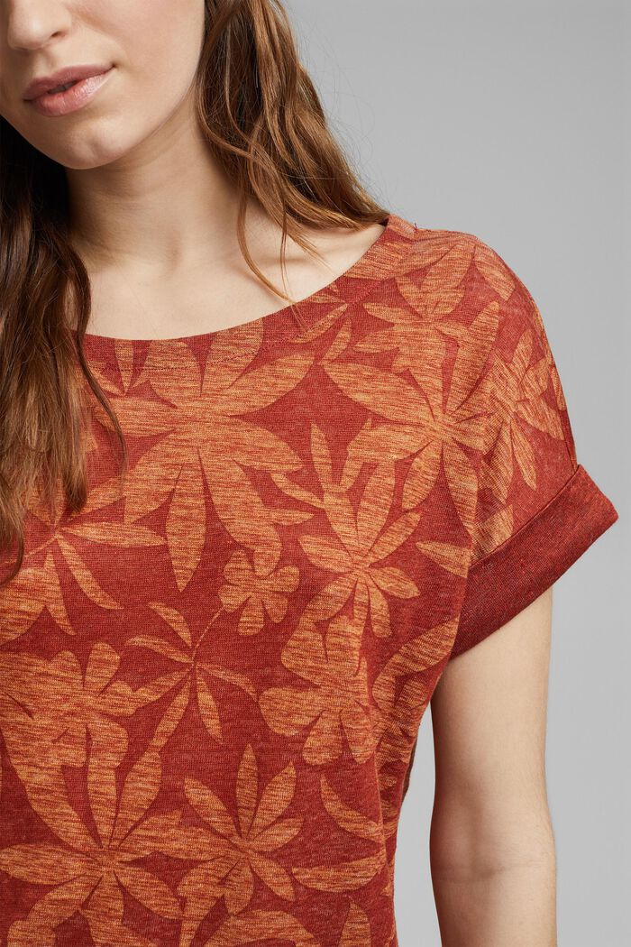 Aus 100% Leinen: T-Shirt mit Blätter-Print, TERRACOTTA, detail image number 2