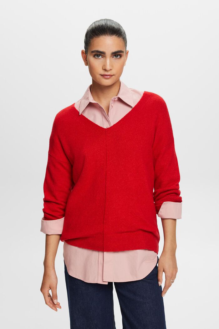 Wollmix-Pullover mit V-Ausschnitt, DARK RED, detail image number 0
