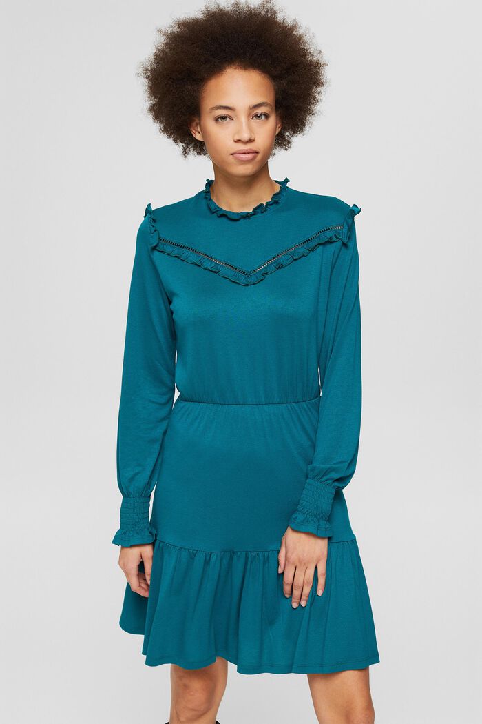 Jerseykleid mit Rüschen, LENZING™ ECOVERO™, EMERALD GREEN, detail image number 0
