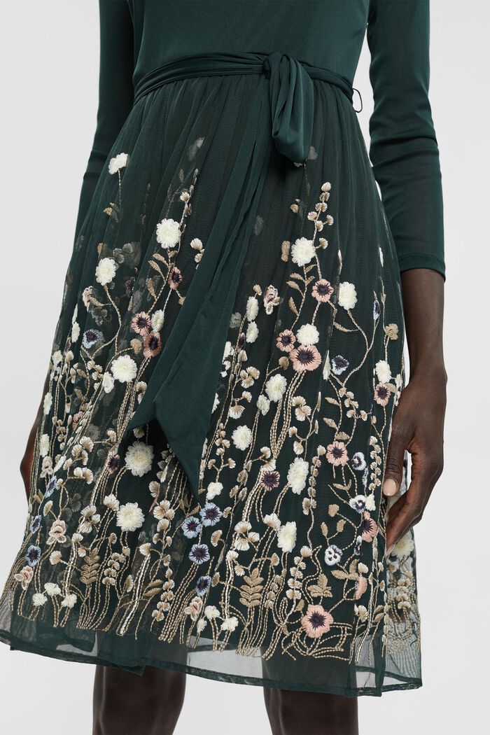 Mesh-Kleid mit Blüten-Stickerei, DARK TEAL GREEN, detail image number 0