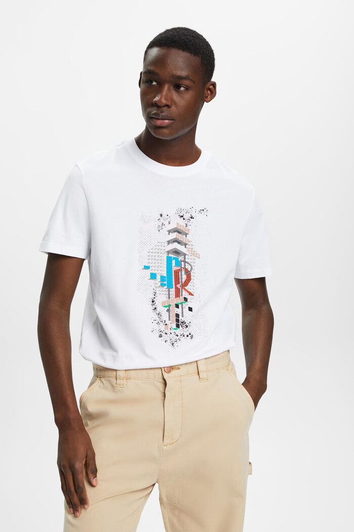 Schmal geschnittenes Baumwoll-T-Shirt mit Print, WHITE, detail image number 0