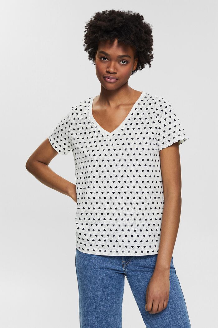 Gemustertes T-Shirt mit V-Ausschnitt, OFF WHITE, detail image number 0