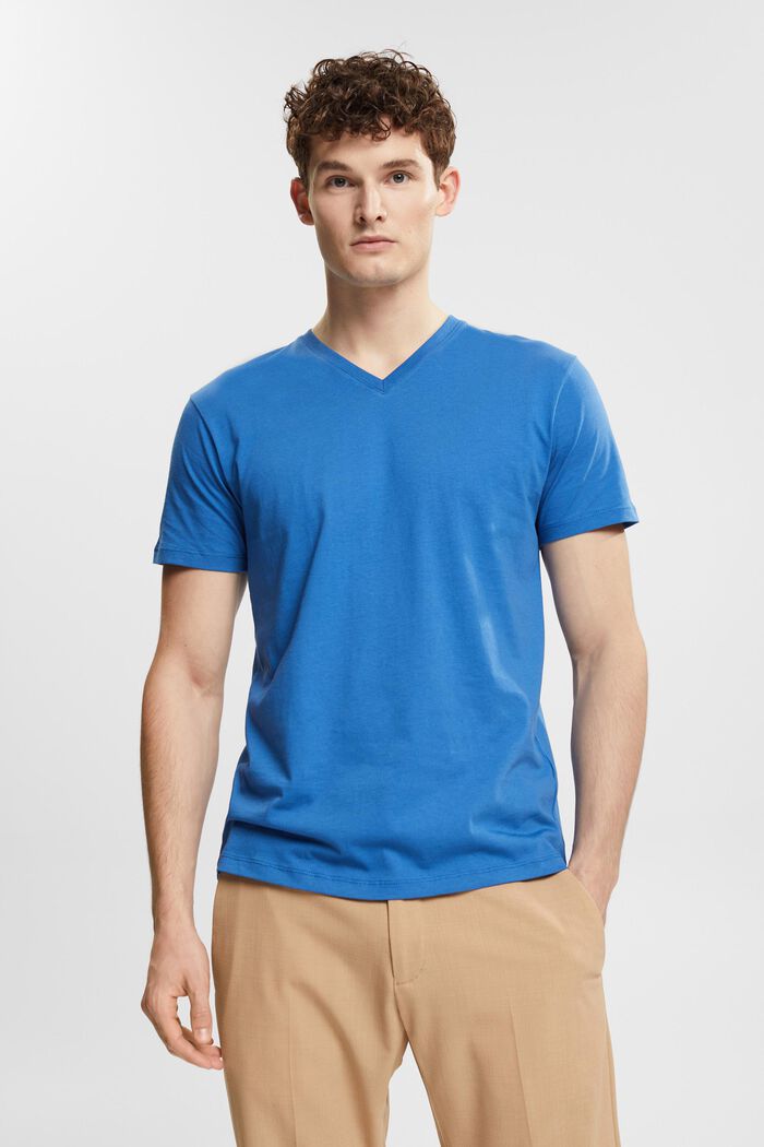 T-Shirt mit V-Ausschnitt aus nachhaltiger Baumwolle, BLUE, detail image number 0