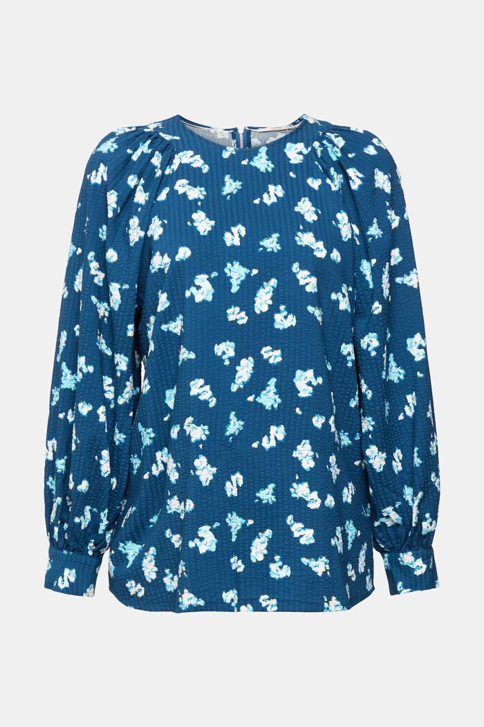 Bluse aus floralem Seersucker, PETROL BLUE, overview