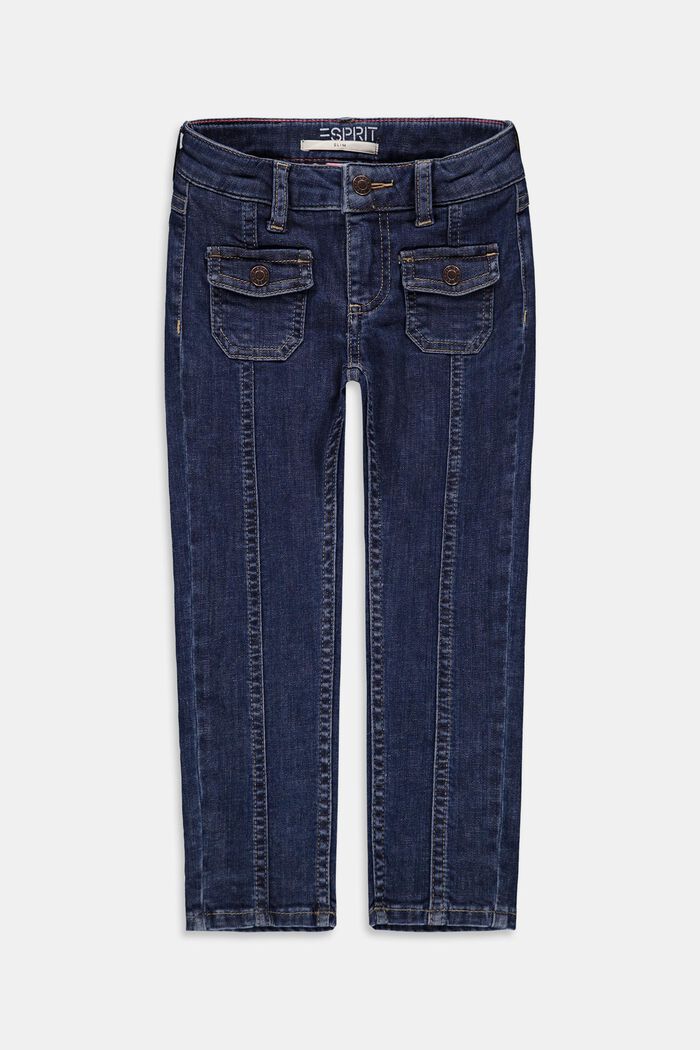 Jeans mit aufgesetzten Taschen, Verstellbund, BLUE DARK WASHED, detail image number 0