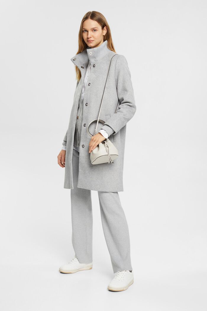Mantel aus Wollmix mit Rippstrickdetails, LIGHT GREY, overview